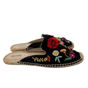 Soludos Womens 10 Black Floral Embroidered Beaded Mule Espadrille Flat Shoes